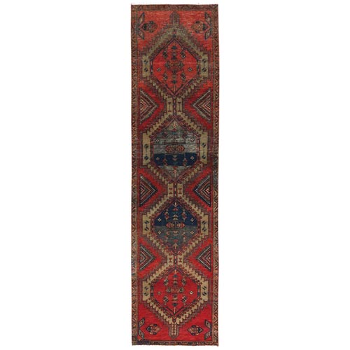 Tomato Red, Bohemian, Vintage Northwest Persian with Geometric Design, Abrash, Clean, Hand Knotted, Pure Wool, Cropped Thin Narrow Runner Oriental 