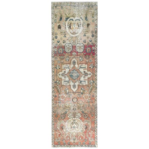 Light Coral, Vintage Persian Heriz with Flower Medallion, Bohemian, Distinct Abrash, Worn Down, Hand Knotted Pure Wool, Clean Narrow Runner Oriental 
