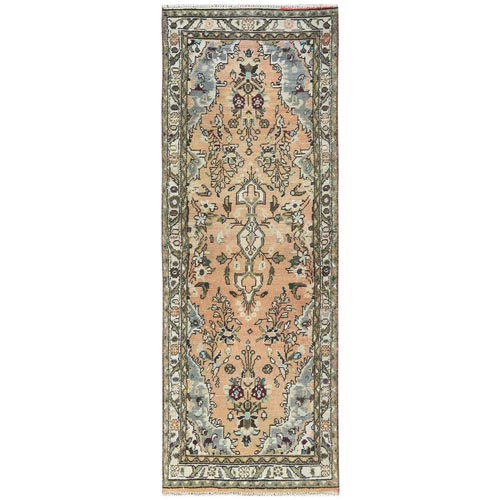 Light Peach, Pure Wool Vintage Persian Bibikabad with All Over Motifs, Clean, Hand Knotted, Worn Down Narrow Runner Oriental 