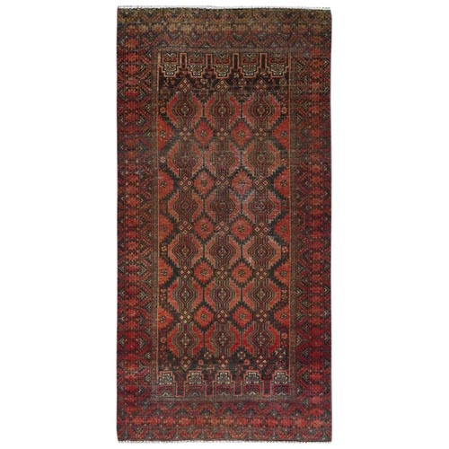 Charcoal Black with Tomato Red, Hand Knotted, Bohemian Vintage Persian Baluch, Pure Wool, Clean, Distressed Oriental Rug
