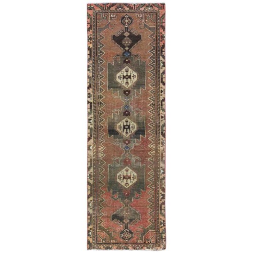 Light Brown Vintage Northwest Persian with Geometric Medallions, Hand Knotted, Pure Wool, Sheared Low, Bohemian, Clean Runner Oriental 