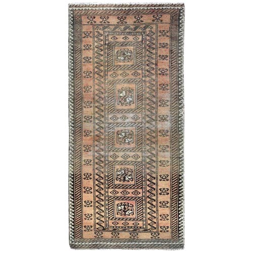 Light Coral, Bohemian, Semi Antique Persian Baluch with Geometric Design, Hand Knotted Pure Wool, Clean, Cropped Thin Oriental Rug