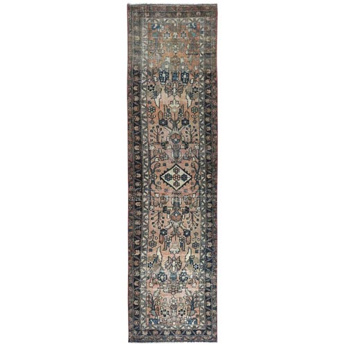 Light Coral, Hand Knotted, Old Persian Hamadan with All Over Design, Distinct Abrash, Pure Wool, Clean, Worn Down Narrow Runner Oriental 