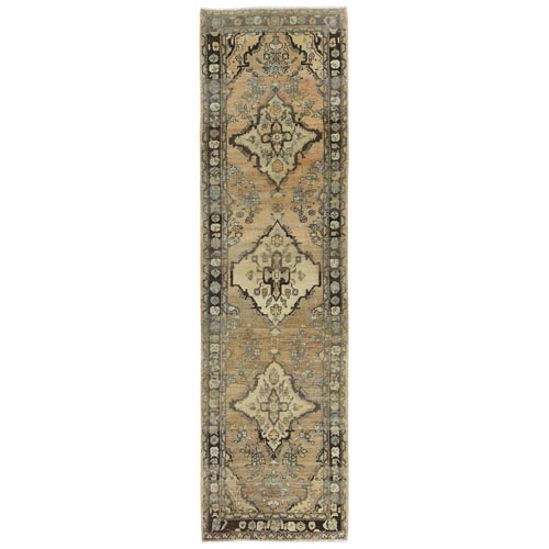 Light Gold with Touches of Chocolate Brown, Hand Knotted, Bohemian Vintage Persian Hamadan, Abrash, Clean, Pure Wool, Sheared Low Wide Runner Oriental Rug