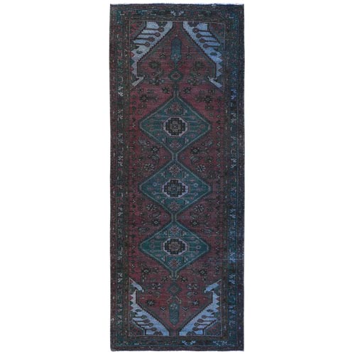 Light Red Overdyed Vintage Persian Hamadan with Serrated Medallions, Hand Knotted Pure Wool, Clean, Worn Down, Wide Runner Oriental Rug