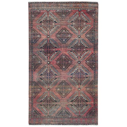 Light Red, Vintage Persian Baluch with Geometric Design, Hand Knotted, Bohemian, Professionally Cleaned, Distressed, Pure Wool Oriental Rug