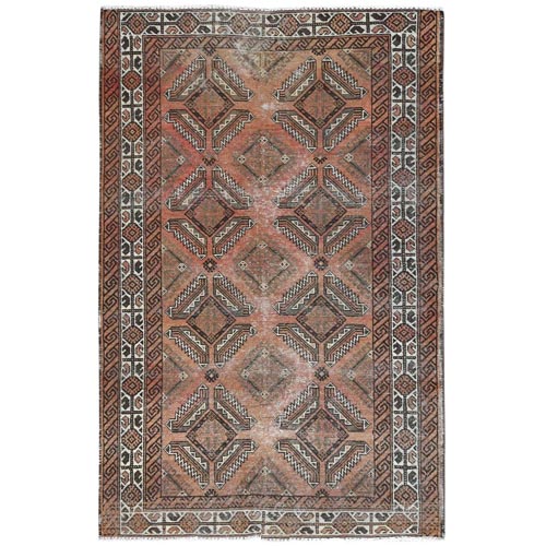 Light Red, Bohemian Vintage Persian Baluch with Geometric Design, Distressed, Hand Knotted Pure Wool, Clean Oriental Rug