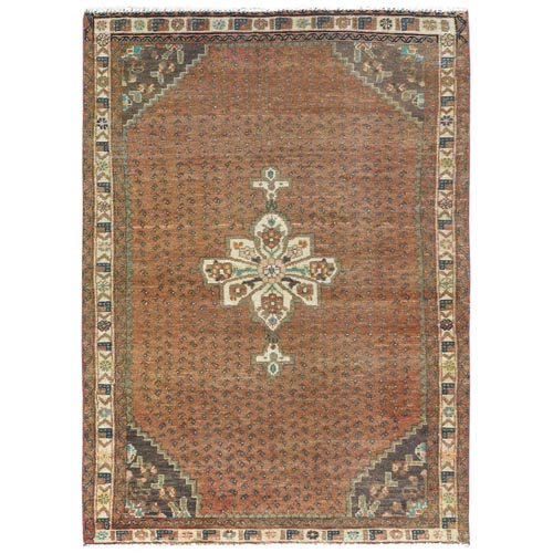 Honey Brown, Vintage Persian Hamadan with Small Repetitive Boteh Design and Center Medallion, Hand Knotted, Pure Wool, Cropped Thin, Clean Oriental Rug