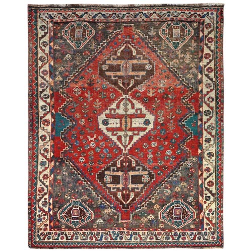 Tomato Red, Bohemian Vintage Persian Shiraz with Serrated Medallions, Pure Wool, Abrash, Hand Knotted, Distressed, Clean, Squarish Oriental Rug