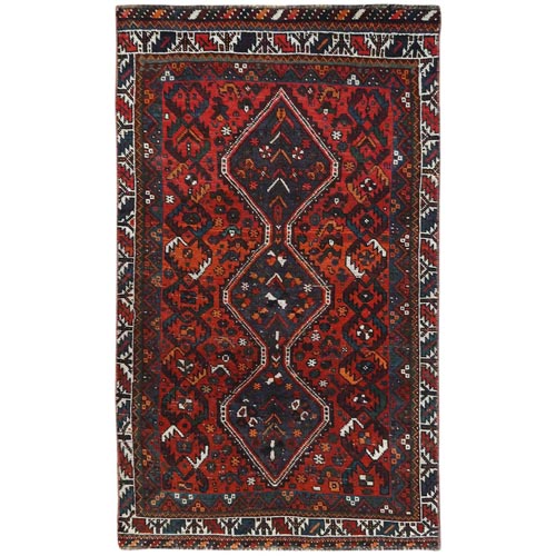 Sunset Colors, Bohemian Vintage Persian Shiraz with Geometric Medallion, Hand Knotted Pure Wool, Clean, Distressed Oriental 