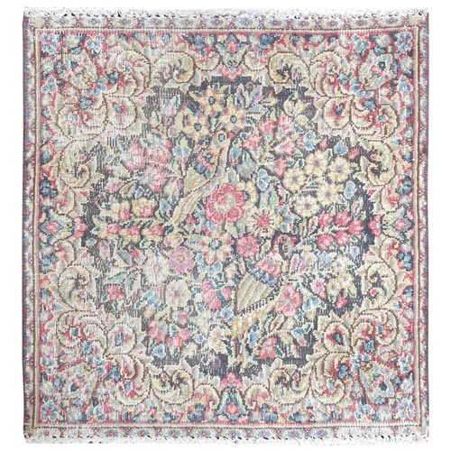 Colorful, Hand Knotted Old Persian Kerman, Cropped Thin Distressed Look Worn Wool, Square Oriental 