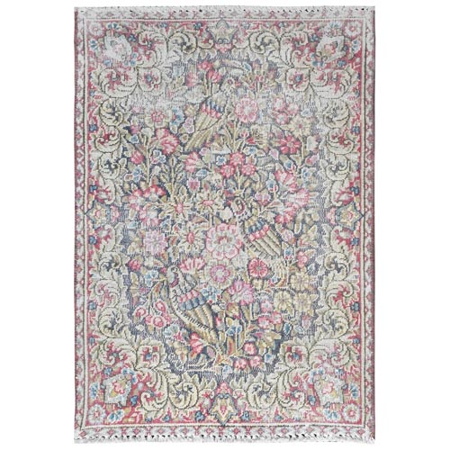 Colorful, Distressed Look Worn Wool Hand Knotted, Old Persian Kerman Shabby Chic Cropped Thin, Mat Oriental 