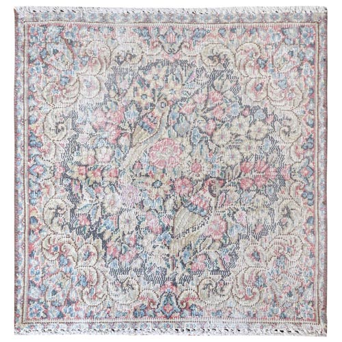 Colorful, Old Persian Kerman Shabby Chic Cropped Thin, Distressed Look Worn Wool Hand Knotted, Square Oriental 