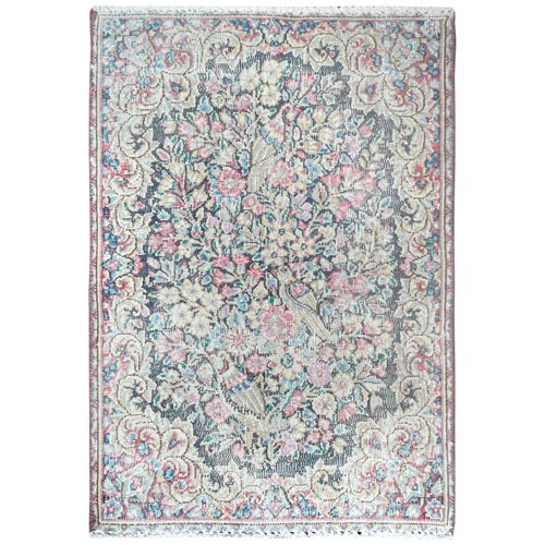 Colorful, Worn Wool Hand Knotted, Old Persian Kerman Cropped Thin Distressed Look, Mat Oriental 