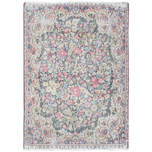 Colorful, Distressed Look Worn Wool Hand Knotted, Old Persian Kerman Cropped Thin, Mat Oriental 