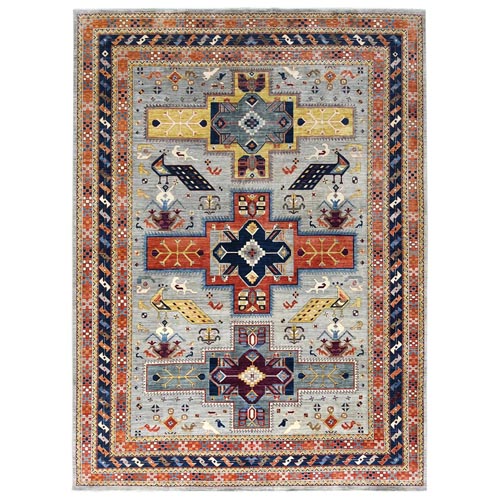 Gray Armenian Inspired Caucasian Design with Bird Figurines, 200 KPSI, Denser Weave, Hand Knotted, Natural Dyes Ghazni Wool Oriental Rug