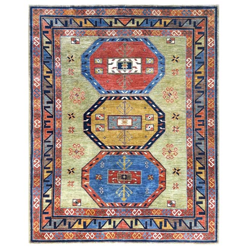 Sea Green, Hand Knotted, Armenian Inspired Caucasian Design, 200 KPSI Densely Woven, Natural Dyes Ghazni Wool Oriental Rug