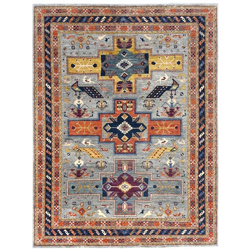 Gray Armenian Inspired Caucasian Design with Bird Figurines, 200 KPSI Densely Woven, Hand Knotted, Natural Dyes Ghazni Wool Oriental Rug