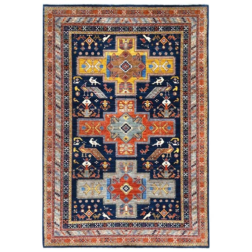 Navy Blue, Armenian Inspired Caucasian Design with Bird Figurines, 200 KPSI, Denser Weave, Hand Knotted, Natural Dyes Ghazni Wool Oriental 