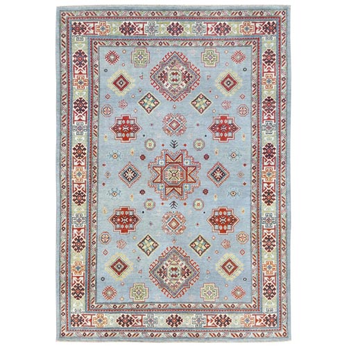 Light Blue Special Kazak with Geometric Medallion Design, Organic Wool, Hand Knotted, Natural Dyes Oriental 