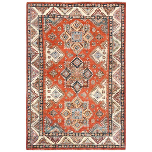 Burnt Orange Special Kazak with Geometric Medallion Design, Hand Knotted, Natural Dyes, Soft Wool Oriental 
