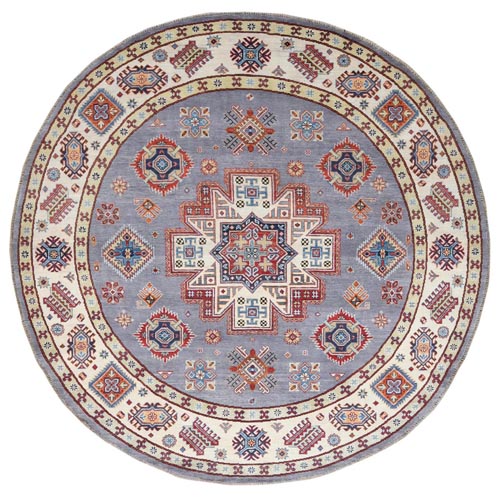 Gray Special Kazak with Star Medallion Design, Hand Knotted, Natural Dyes, Soft Wool Round Oriental 