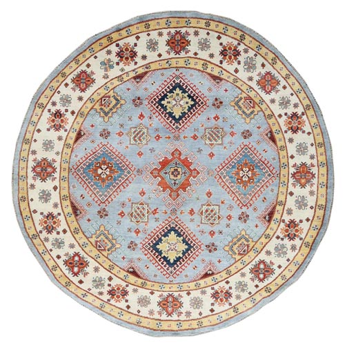 Gray, Hand Knotted Special Kazak with Geometric Design, Organic Wool, Natural Dyes Oriental Round 