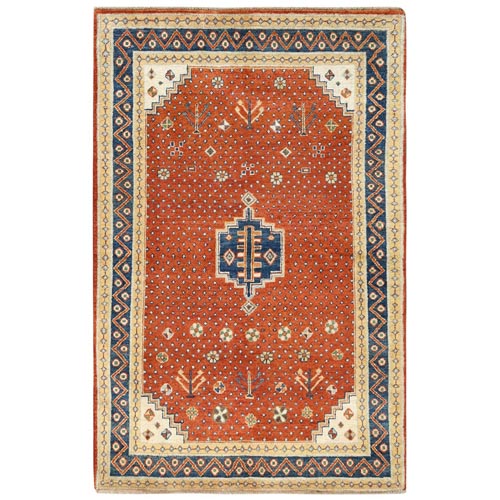 Cinnamon Red, Hand Knotted, Special Kazak with Medallion Design, Organic Wool, Natural Dyes Oriental Rug