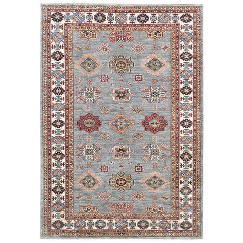 Gray, Soft Wool Afghan Super Kazak with Geometric Medallion Design, Hand Knotted, Natural Dyes Oriental 