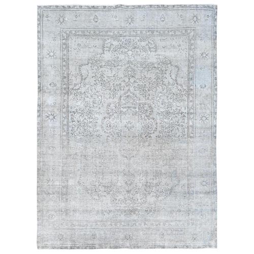 Ivory, Hand Knotted Vintage Persian Tabriz Cropped Thin, Distressed Look Shabby Chic Worn Wool, Oriental 