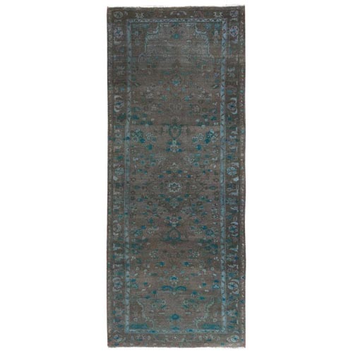 Brown Overdyed with Touches of Blue, Vintage Persian Bibikabad, Sheared Low, Clean, Pure Wool, Hand Knotted Wide Runner Oriental 