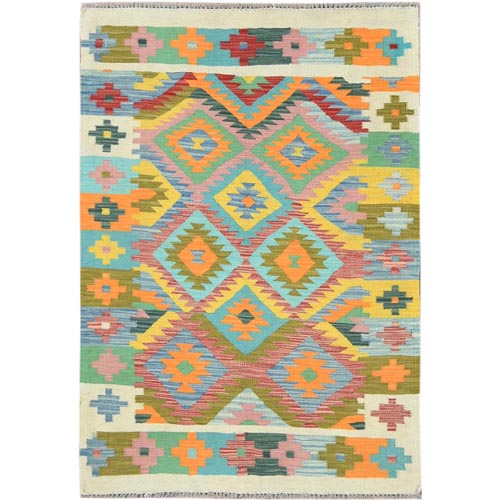 Colorful, Flat Weave Natural Wool, Hand Woven Afghan Kilim with Geometric Design, Natural Dyes Reversible, Oriental 