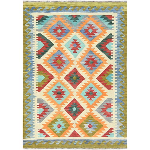 Colorful, Flat Weave Organic Wool, Hand Woven Afghan Kilim with Geometric Design, Vegetable Dyes Reversible, Oriental Rug
