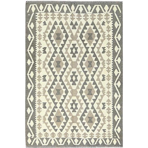 Earth Tone Colors, Hand Woven Afghan Kilim with Geometric Design, Flat Weave Undyed Natural Wool, Reversible Oriental Rug