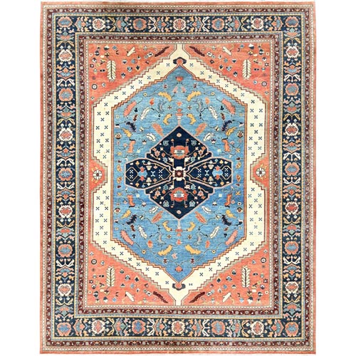 Light Blue, Natural Dyes Densely Woven, Soft Wool Hand Knotted, Afghan Peshawar with Serapi Heriz Design, Oriental Rug