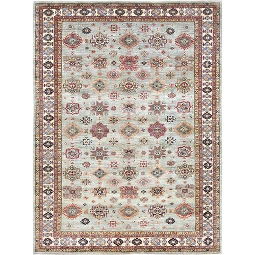 Light Gray, Afghan Super Kazak with Geometric Medallions, Natural Dyes Densely Woven, Extra Soft Wool Hand Knotted, Oriental 