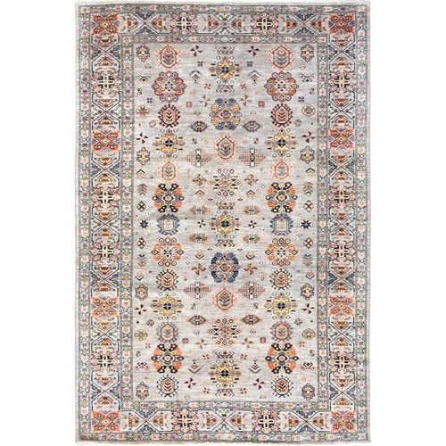 Light Gray, Hand Knotted Afghan Super Kazak with All Over Floral Pattern, Vegetable Dyes Dense Weave, Organic Wool, Oriental 