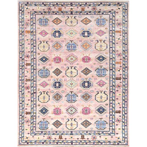 Blush Pink, Dense Weave Organic Wool, Hand Knotted Afghan Super Kazak with Tribal Geometric Medallions, Vegetable Dyes, Oriental 