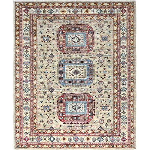 Cream, Afghan Super Kazak with Large Medallions, Vegetable Dyes Dense Weave, Extra Soft Wool Hand Knotted, Oriental 