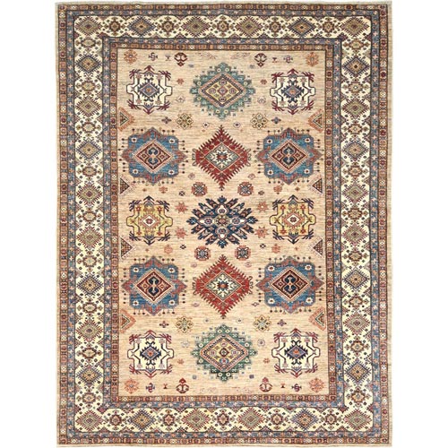 Honey Brown, Densely Woven Pure Wool, Hand Knotted Afghan Super Kazak with Large Elements Design, Natural Dyes, Oriental 