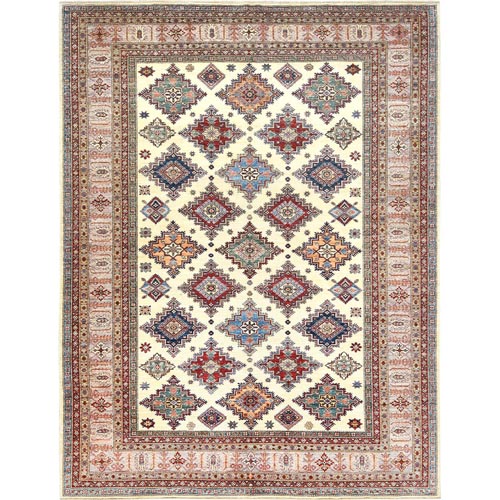 Ivory, Afghan Super Kazak with Geometric Medallions, Natural Dyes Densely Woven, Natural Wool Hand Knotted, Oriental Rug