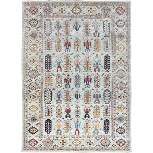 Silver Blue, Natural Dyes Densely Woven, Pure Wool Hand Knotted, Afghan Super Kazak with Repetitive Tree Design, Oriental Rug