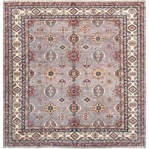 Gray, Afghan Super Kazak with Tribal Medallions, Vegetable Dyes Dense Weave, Soft Wool Hand Knotted, Square Oriental Rug