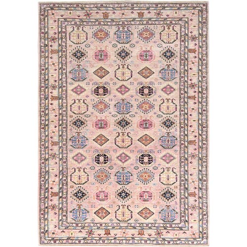 Blush Pink, Afghan Super Kazak with Geometric Medallions, Natural Dyes Densely Woven, Soft Wool Hand Knotted, Oriental Rug