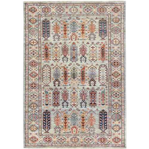 Light Green, Natural Dyes Densely Woven, Pure Wool Hand Knotted, Afghan Super Kazak with Large Elements, Oriental Rug