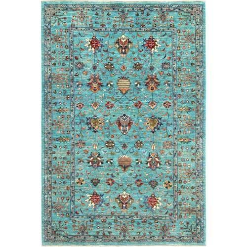 Turquoise Blue, Fine Peshawar with Sultani All Over Pomegranate Design, Vegetable Dyes Dense Weave, Soft Wool Hand Knotted, Oriental Rug