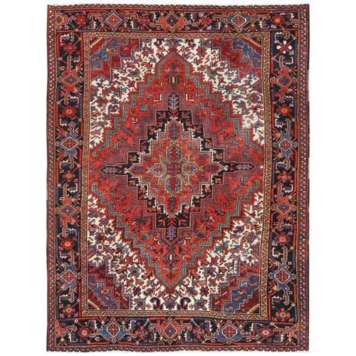 Tomato Red, Vintage Persian Heriz, Shaved Down Rustic Look, Worn Wool Hand Knotted, Oriental Rug