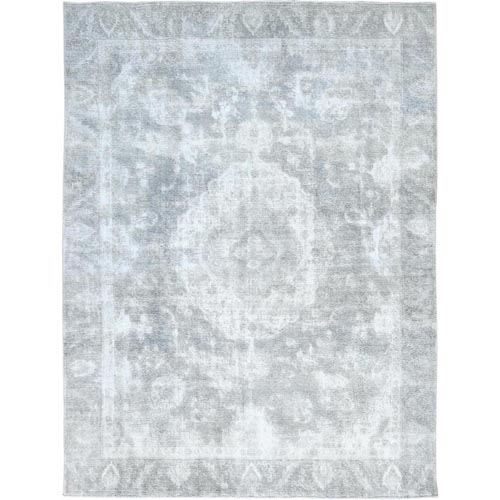 Blueish Gray, Distressed Feel Worn Wool, Hand Knotted Vintage Persian Tabriz, Shaved Down, Oriental Rug