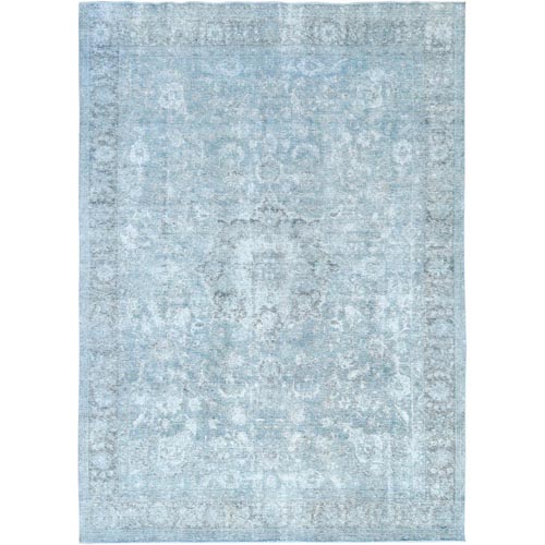 Light Blue, Shaved Down Rustic Look, Worn Wool Hand Knotted, Vintage Persian Tabriz, Oriental Rug