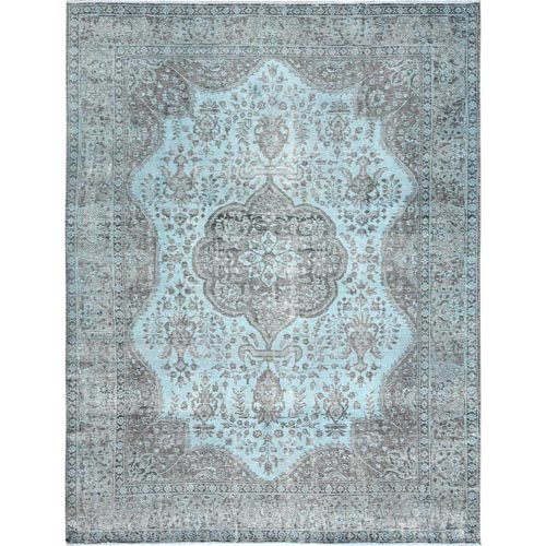 Turquoise Blue, Hand Knotted Old Persian Tabriz, Shaved Down Rustic Look, Worn Wool, Oriental Rug